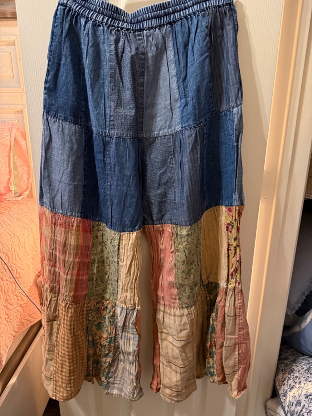 Boho Patchwork Wide-Leg Pants in Denim Blue and Multicolor - Picture 7 of 9